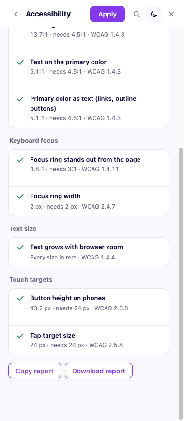 The end of the report, with touch targets passing and the Copy/Download buttons