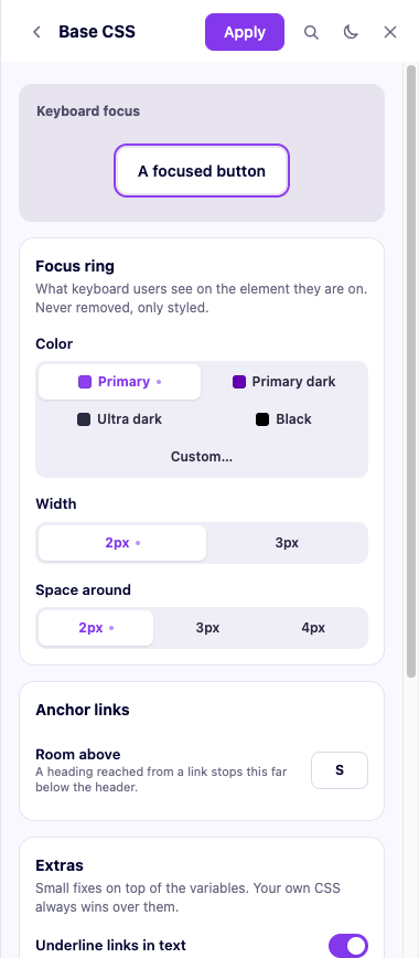 The Base CSS screen, with the focus ring preview and its settings