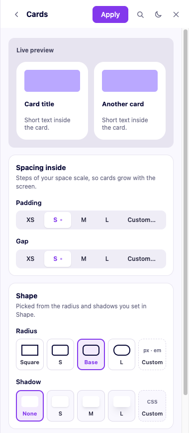 The Cards screen, with its live preview