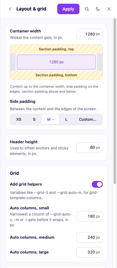 The Layout & grid screen, with container width, side padding and header height