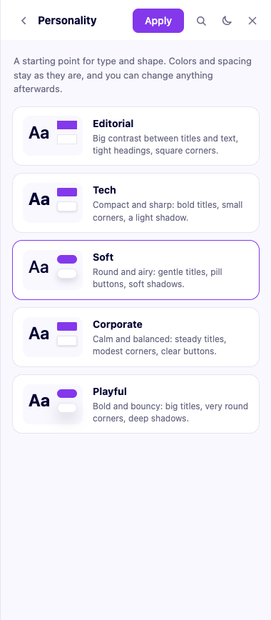 The Personality picker in the panel