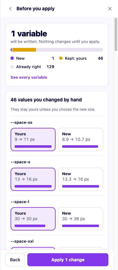 The review screen: how many variables will be written, and the values changed by hand, yours side by side with the new one