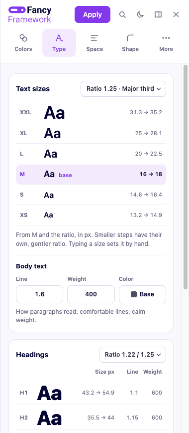 The Type section of the panel