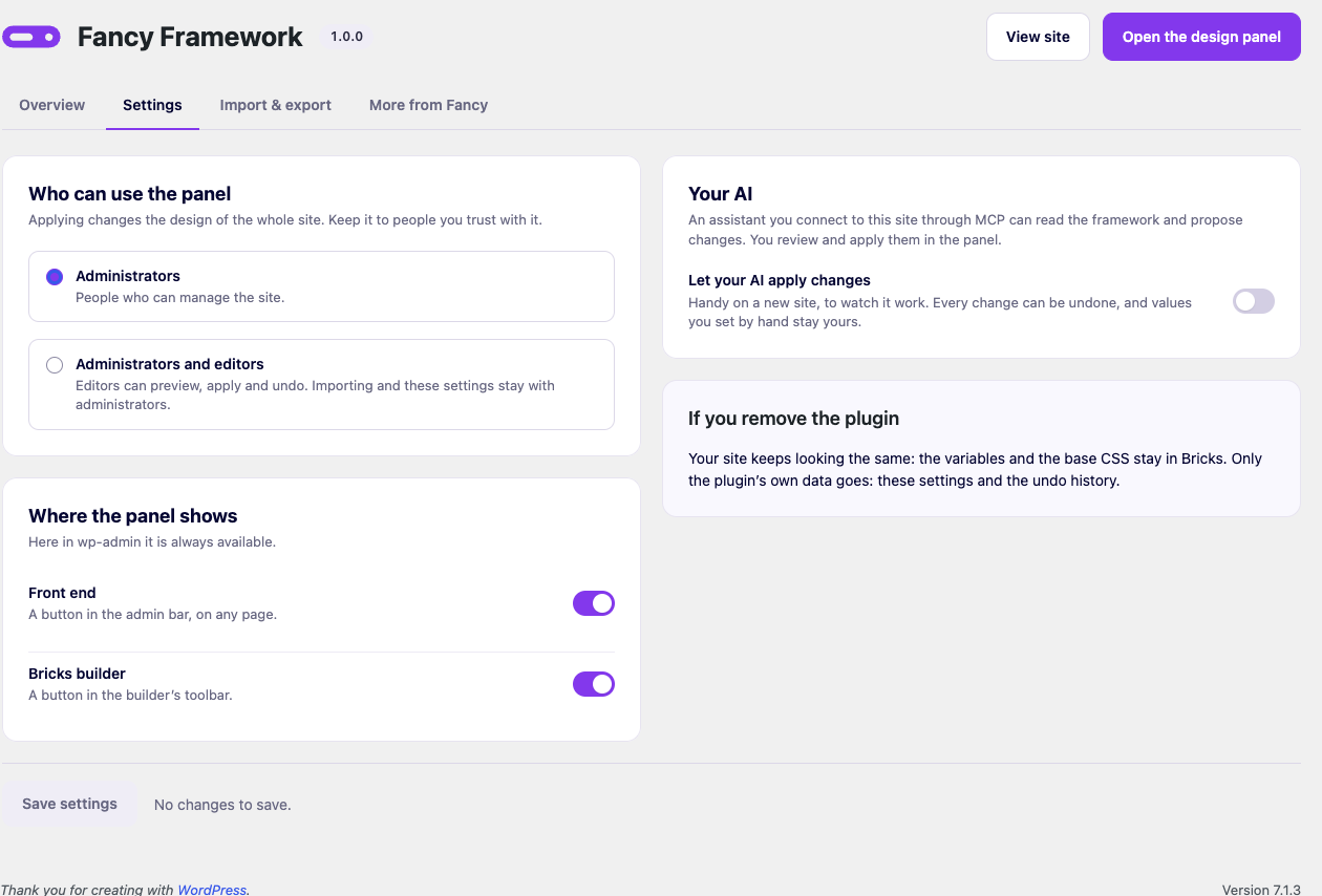 The Settings tab, with who can use the panel and where it shows