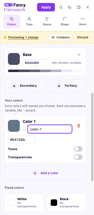 Añadiendo un color propio, con su nombre y los interruptores de tonos y transparencias