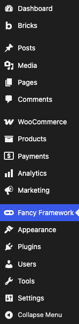El elemento Fancy Framework en el menú de wp-admin